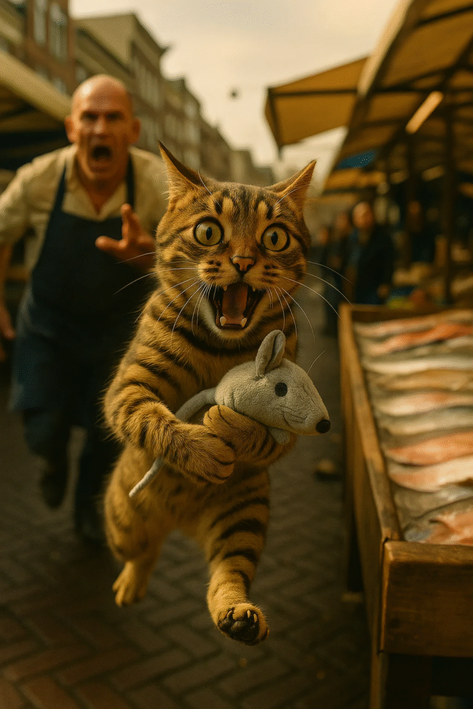 "a dynamic cinematic photo of a tabby cat mid-air holding a gray plush toy mouse, escaping through a street market, motion blur in the background, an angry man chasing in the distance, dramatic lighting, golden hour tones, intense expression on cat's face, high action shot, captured with a fast shutter speed and 85mm lens"