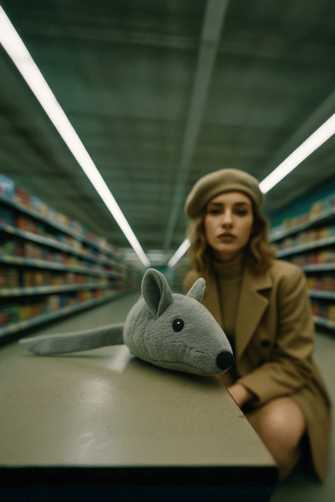 "a close-up wide-angle photo of a gray plush toy mouse on a store counter, dramatic depth of field, blurred background with a stylish young woman in beige trench coat and beret, cinematic lighting, indoor fluorescent lights, symmetrical supermarket aisle, shallow focus, moody tone, shot on a 35mm lens"