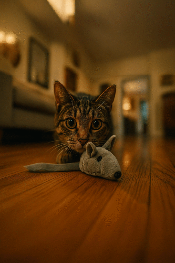 "an eye-level close-up of a tabby cat holding a plush gray mouse toy in its mouth, inside a cozy home, soft warm indoor lighting, shallow depth of field, wooden floor, cinematic atmosphere, high detail in fur and eyes, shot on a 50mm lens"